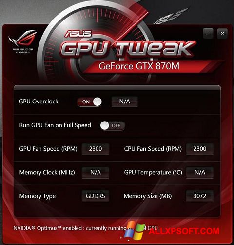 Στιγμιότυπο οθόνης ASUS GPU Tweak Windows XP