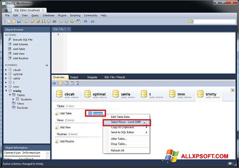 Στιγμιότυπο οθόνης MySQL Workbench Windows XP