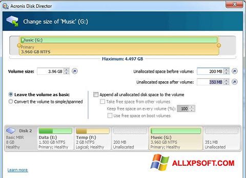 Στιγμιότυπο οθόνης Acronis Disk Director Windows XP