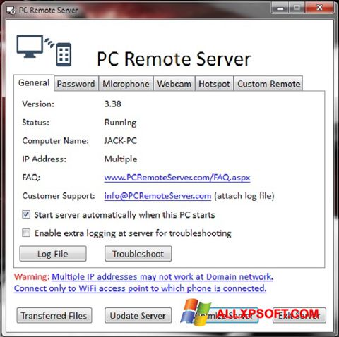 Στιγμιότυπο οθόνης PC Remote Server Windows XP