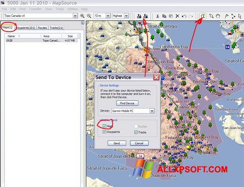 Στιγμιότυπο οθόνης MapSource Windows XP