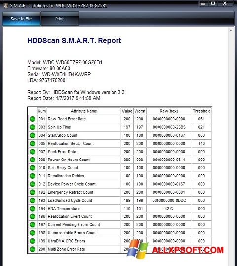Στιγμιότυπο οθόνης HDDScan Windows XP