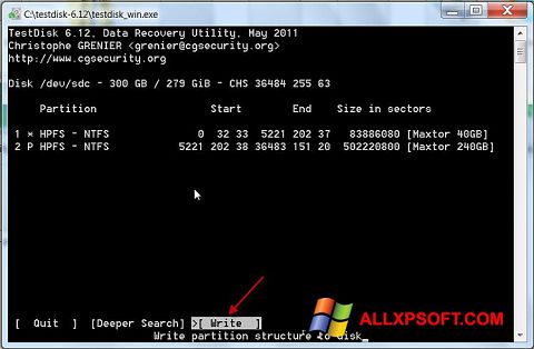 Στιγμιότυπο οθόνης TestDisk Windows XP