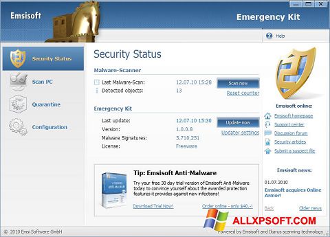 Στιγμιότυπο οθόνης Emsisoft Emergency Kit Windows XP