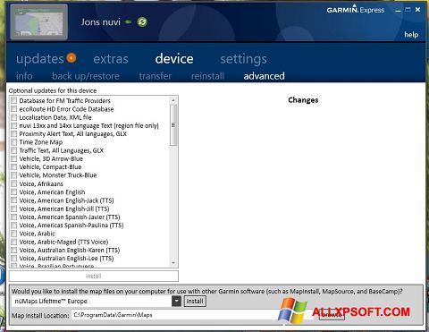 Στιγμιότυπο οθόνης Garmin Express Windows XP
