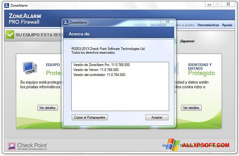 Στιγμιότυπο οθόνης ZoneAlarm Windows XP