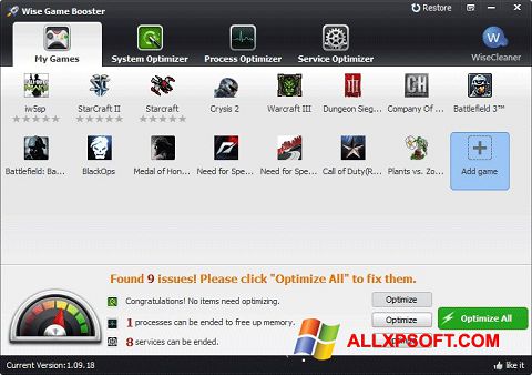 Στιγμιότυπο οθόνης Wise Game Booster Windows XP