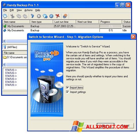 Στιγμιότυπο οθόνης Handy Backup Windows XP