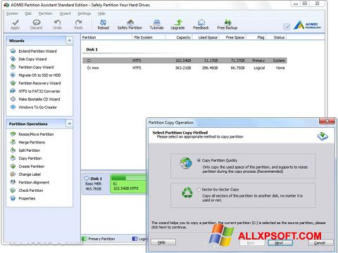 Στιγμιότυπο οθόνης AOMEI Partition Assistant Windows XP