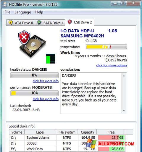 Στιγμιότυπο οθόνης HDDlife Windows XP