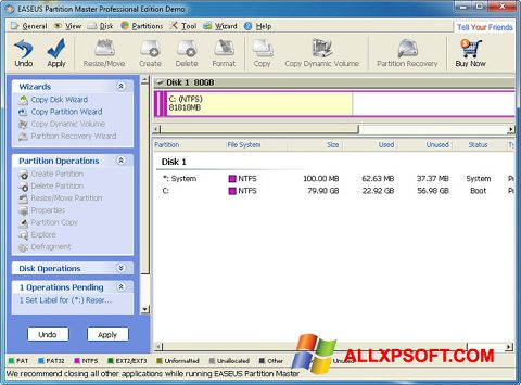 Στιγμιότυπο οθόνης EASEUS Partition Master Windows XP