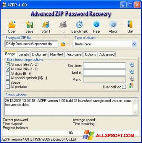 Στιγμιότυπο οθόνης Advanced Archive Password Recovery Windows XP
