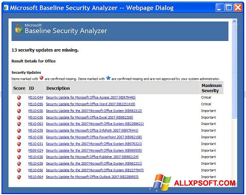 Στιγμιότυπο οθόνης Microsoft Baseline Security Analyzer Windows XP