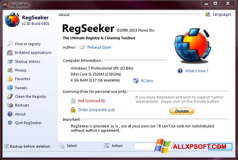 Στιγμιότυπο οθόνης RegSeeker Windows XP