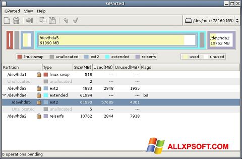 Στιγμιότυπο οθόνης GParted Windows XP