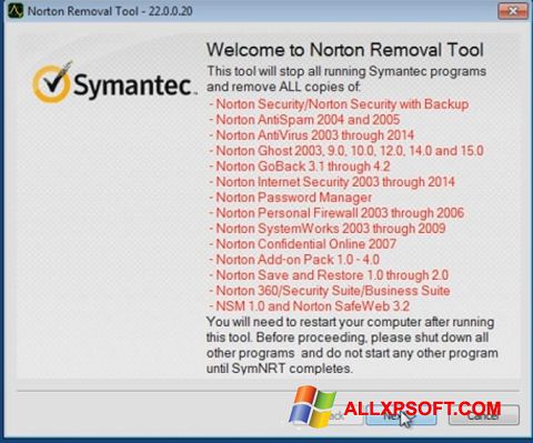 Στιγμιότυπο οθόνης Norton Removal Tool Windows XP