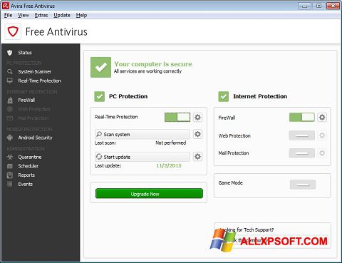 Στιγμιότυπο οθόνης Avira Free Antivirus Windows XP