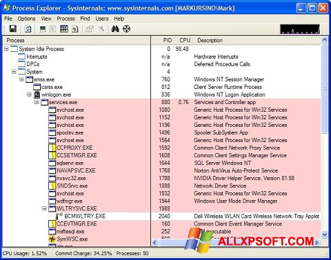 Στιγμιότυπο οθόνης Process Explorer Windows XP