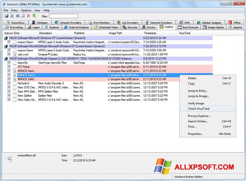 Στιγμιότυπο οθόνης AutoRuns Windows XP