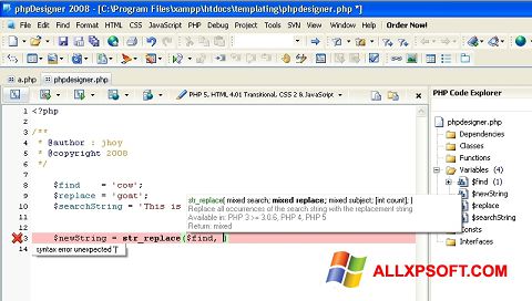 Στιγμιότυπο οθόνης phpDesigner Windows XP