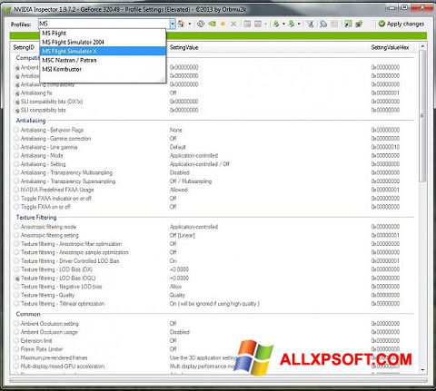 Στιγμιότυπο οθόνης NVIDIA Inspector Windows XP