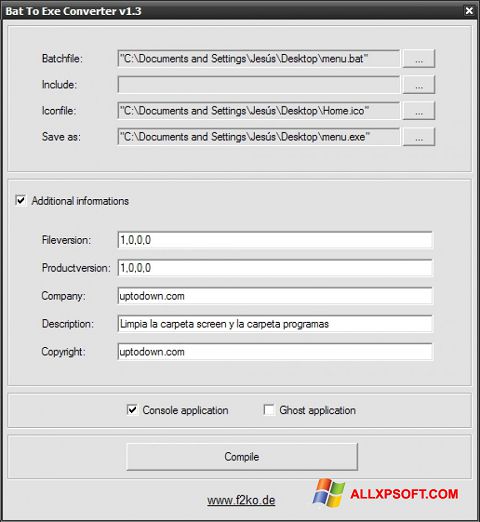 Στιγμιότυπο οθόνης Bat To Exe Converter Windows XP