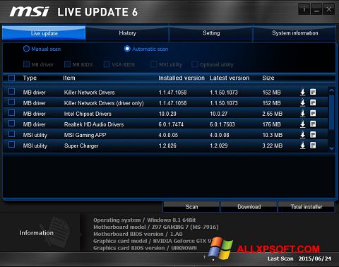Στιγμιότυπο οθόνης MSI Live Update Windows XP