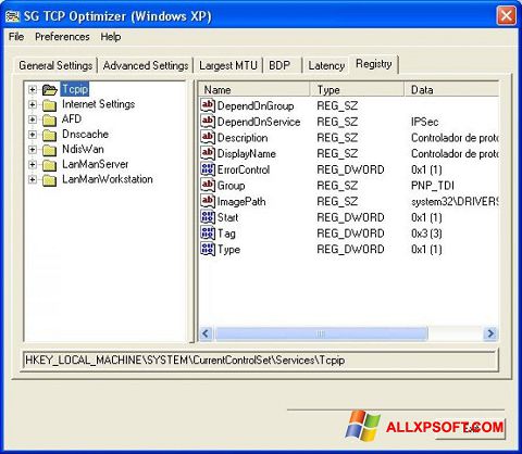 Στιγμιότυπο οθόνης TCP Optimizer Windows XP